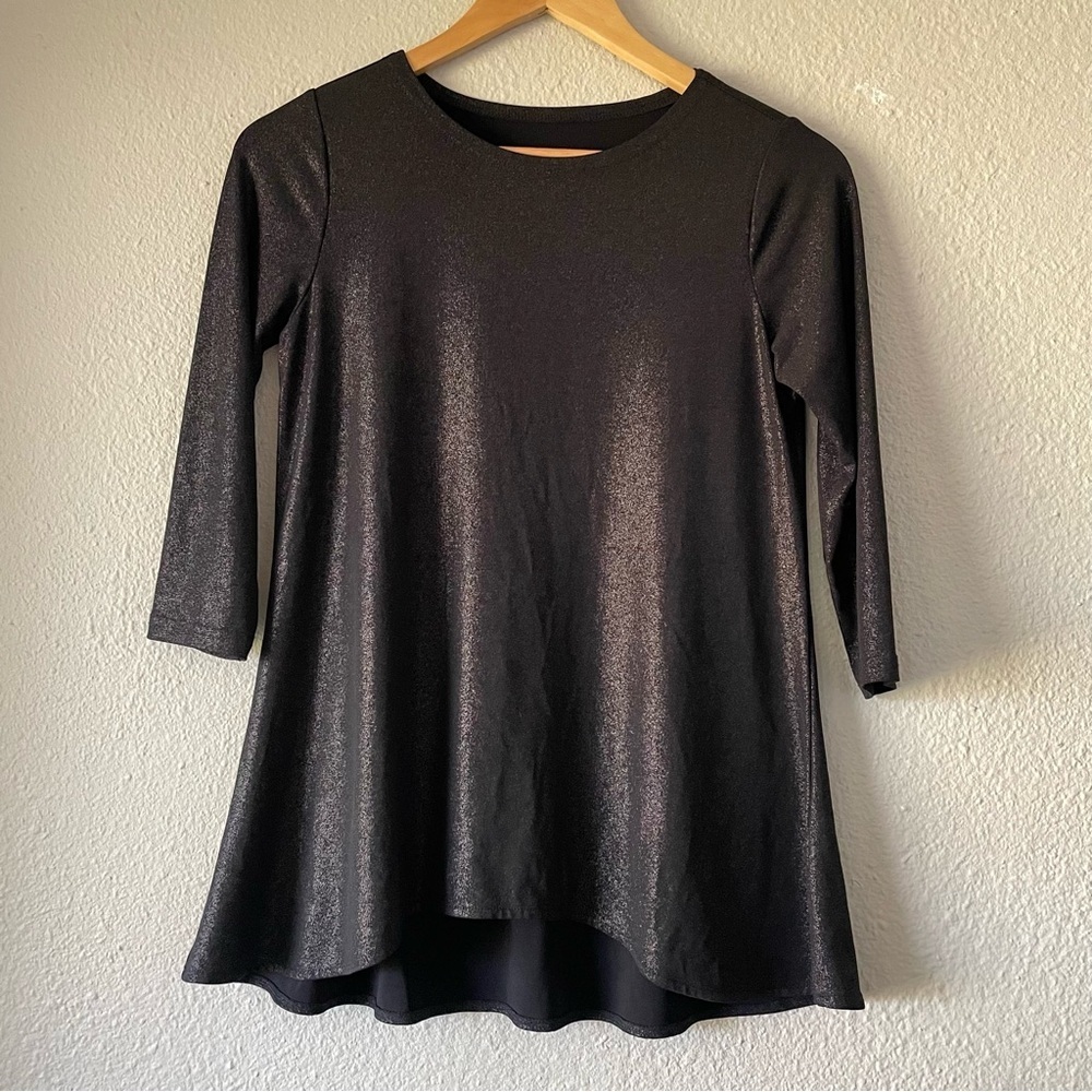 Shimmer Scoop Neck Tunic Blouse Womens S Black Liquid Knit Hi Low 3/4 Sleeve EUC - Picture 2 of 10